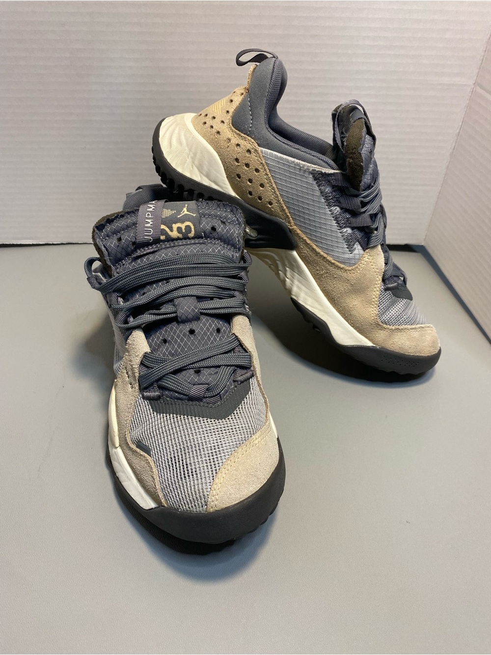 Jordan delta Gray and Tan Chunky Athletic Sneakers
